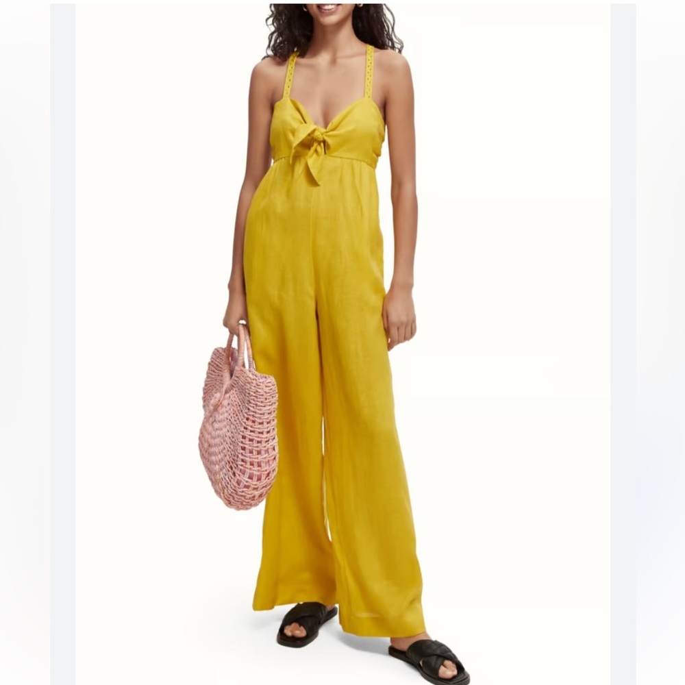 Scotch & Soda Sunseekers 100% Linen Yellow Knotted Tie Front Wideleg Jumpsuit L